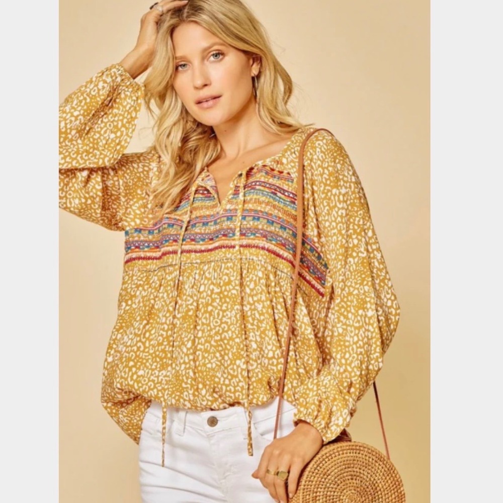 Savanna Jane 3X Marigold Leopard Print Embroidered Peasant Top Boho Relaxed